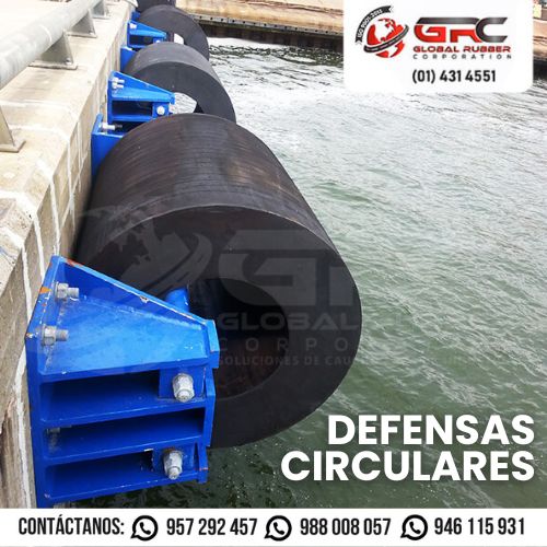 Defensa de caucho circular o cilíndrica para muelles industriales y remolcadores.
