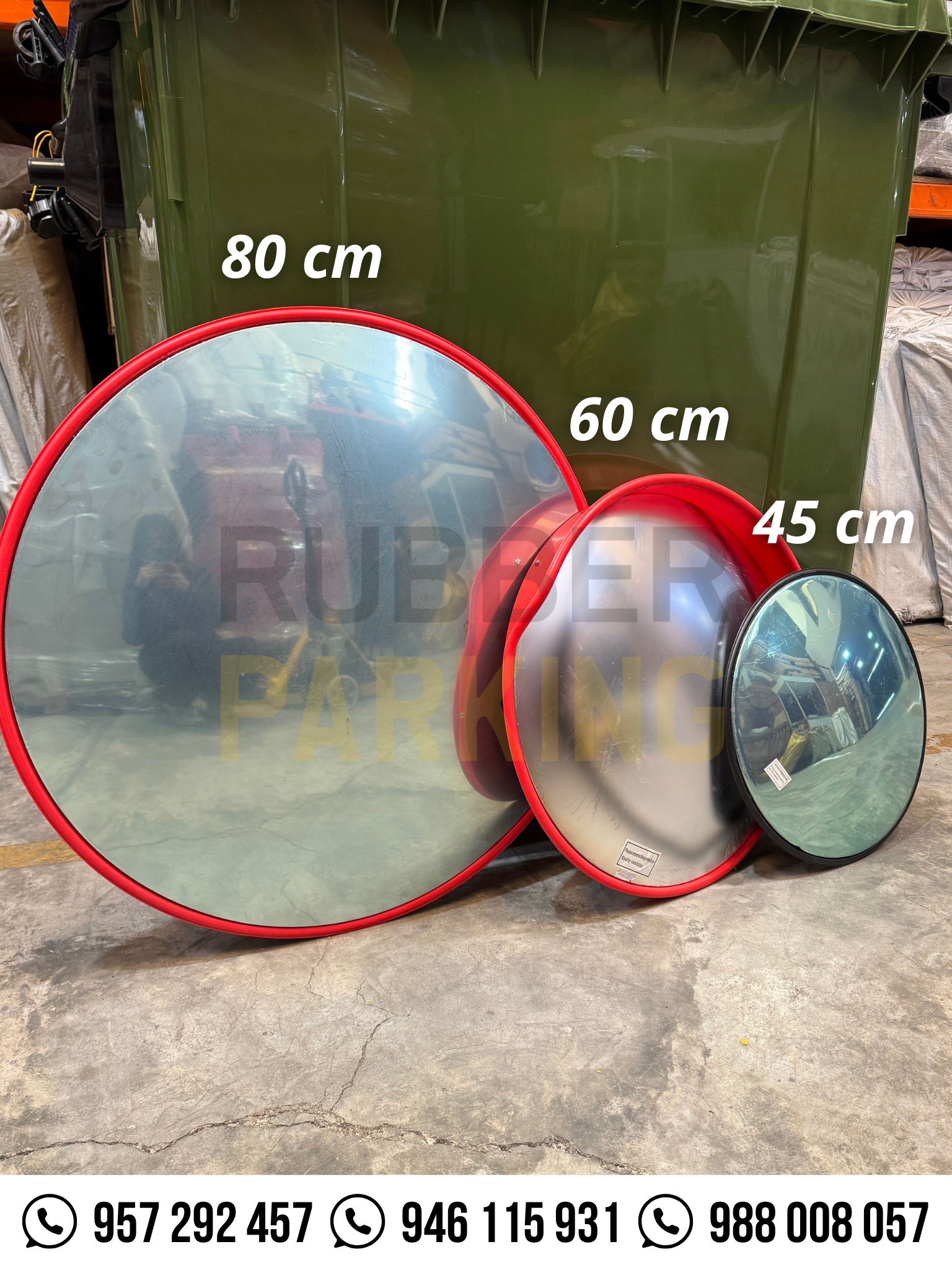 Tres espejos convexos panorámicos rotulados 80 cm, 60 cm y 45 cm de diámetro