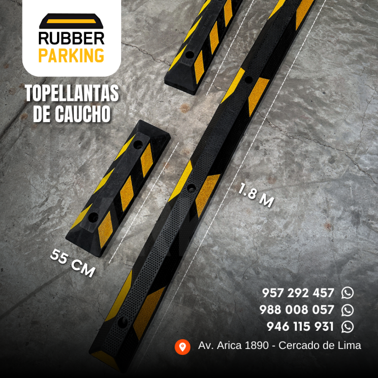 Dos topellantas de caucho negro con franjas amarillas, de 55 cm y 1.80 m