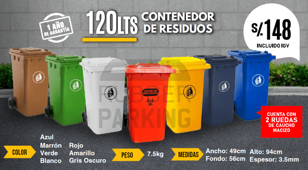 Tacho 120 Litros con Ruedas | Contenedor 120L PEHD | Colores Rojo, Azul, Blanco, Verde, Plomo y Marrón