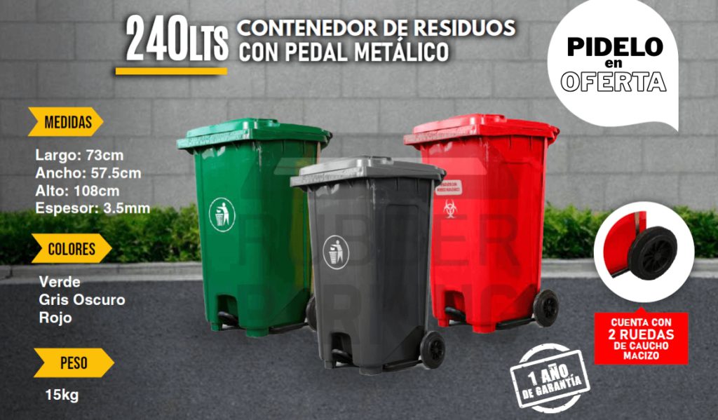 Contenedor de Basura 240 litros con pedal y 2 ruedas de caucho
