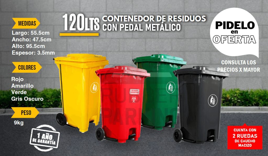 Contenedor de Basura 120 litros con pedal y 2 ruedas de caucho