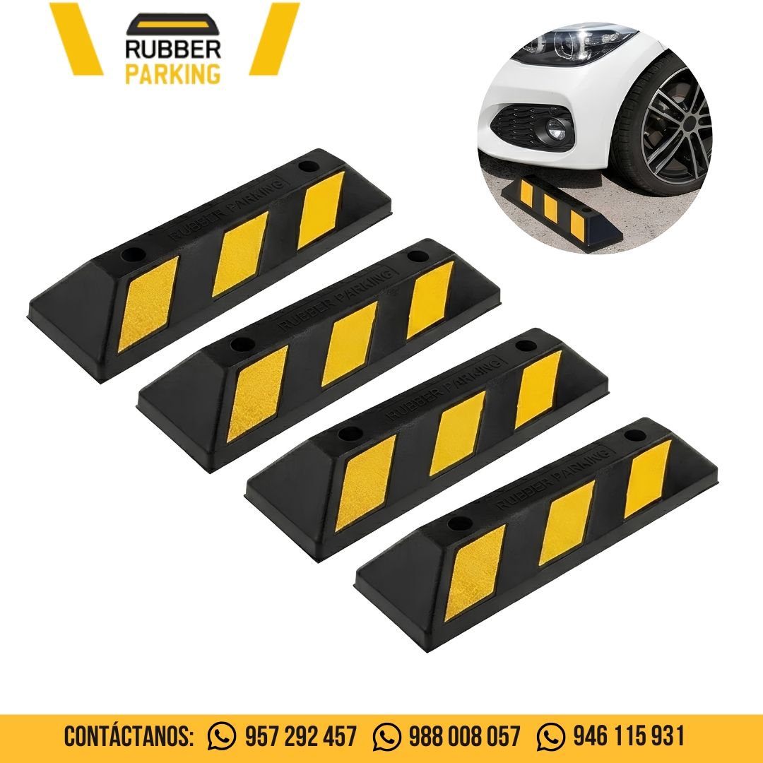 Topellantas de caucho de 55 cm negros con franjas amarillas reflectivas para estacionamiento