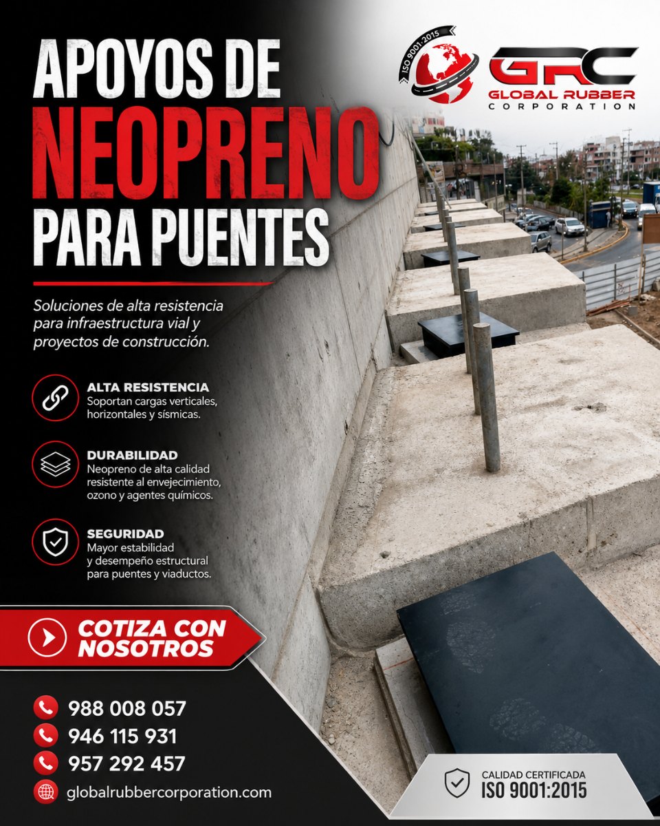 Apoyos de neopreno para puentes instalados en estructura de concreto – Global Rubber Corporation Perú