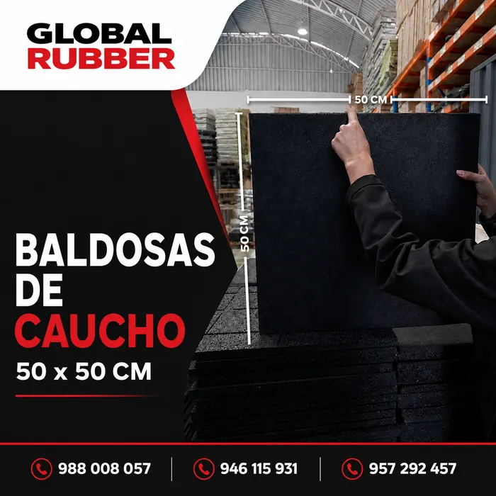 Baldosas de caucho para gimnasio de 50 x 50 cm fabricadas en Peru por Global Rubber