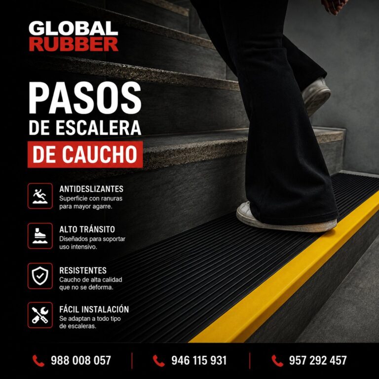 Paso de escalera de caucho ranurado con filo amarillo instalado en una escalera de alto tránsito