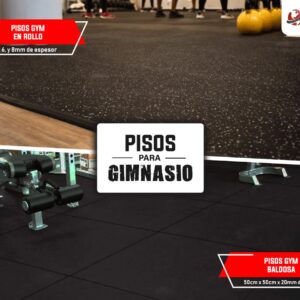 Gimnasio con piso de caucho negro instalado, con etiquetas de piso en rollo y baldosa de 50 x 50 cm