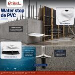 Infografía del waterstop de PVC en una junta de concreto: primer y segundo vaciado, lado con agua y lado seco, con el perfil embebido en el corte transversal