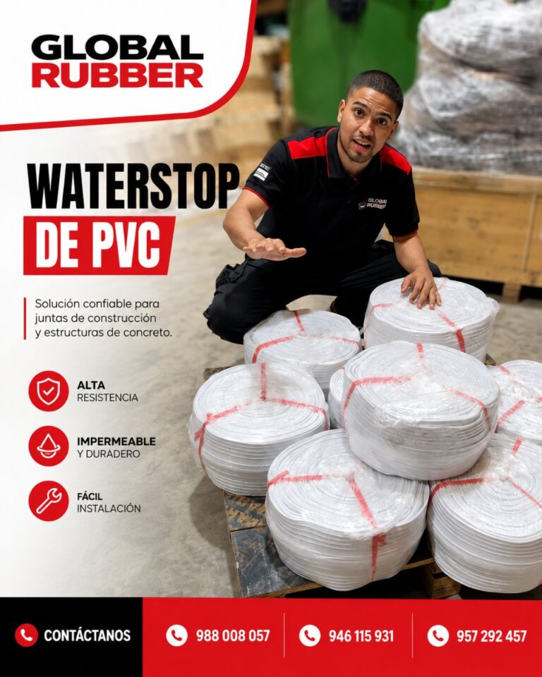 Flyer de Global Rubber con rollos de waterstop de PVC blanco apilados en almacén