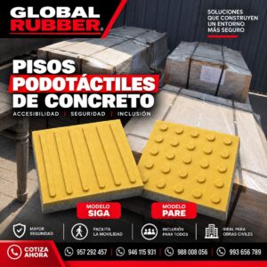 Baldosa podotáctil de concreto amarilla modelo SIGA y modelo PARE con paletas de stock en el almacén de Lima