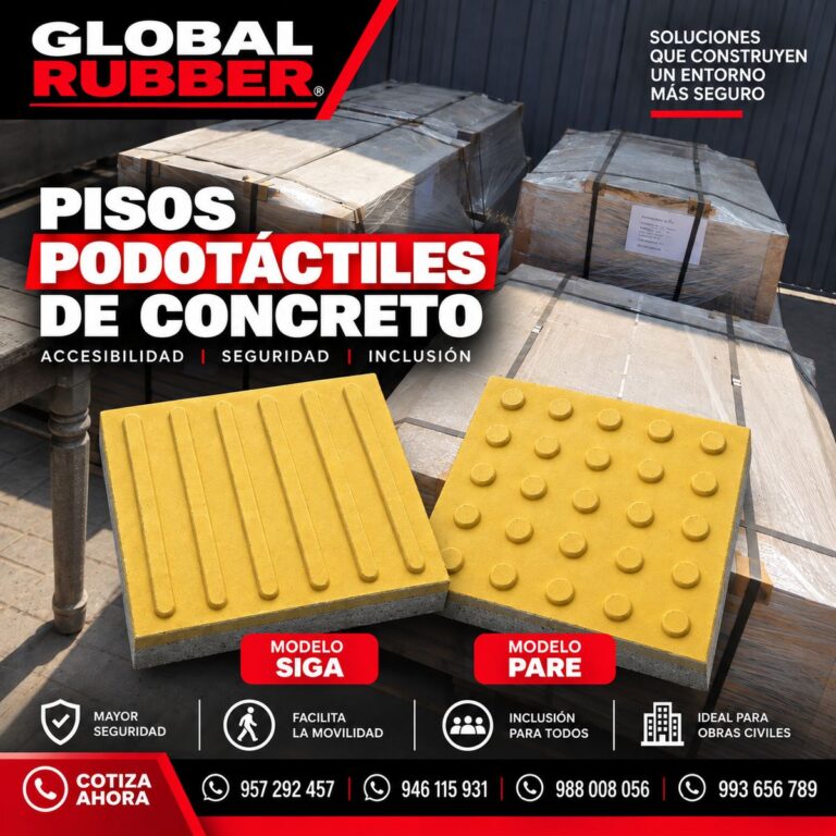 Baldosa podotáctil de concreto amarilla modelo SIGA y modelo PARE con paletas de stock en el almacén de Lima