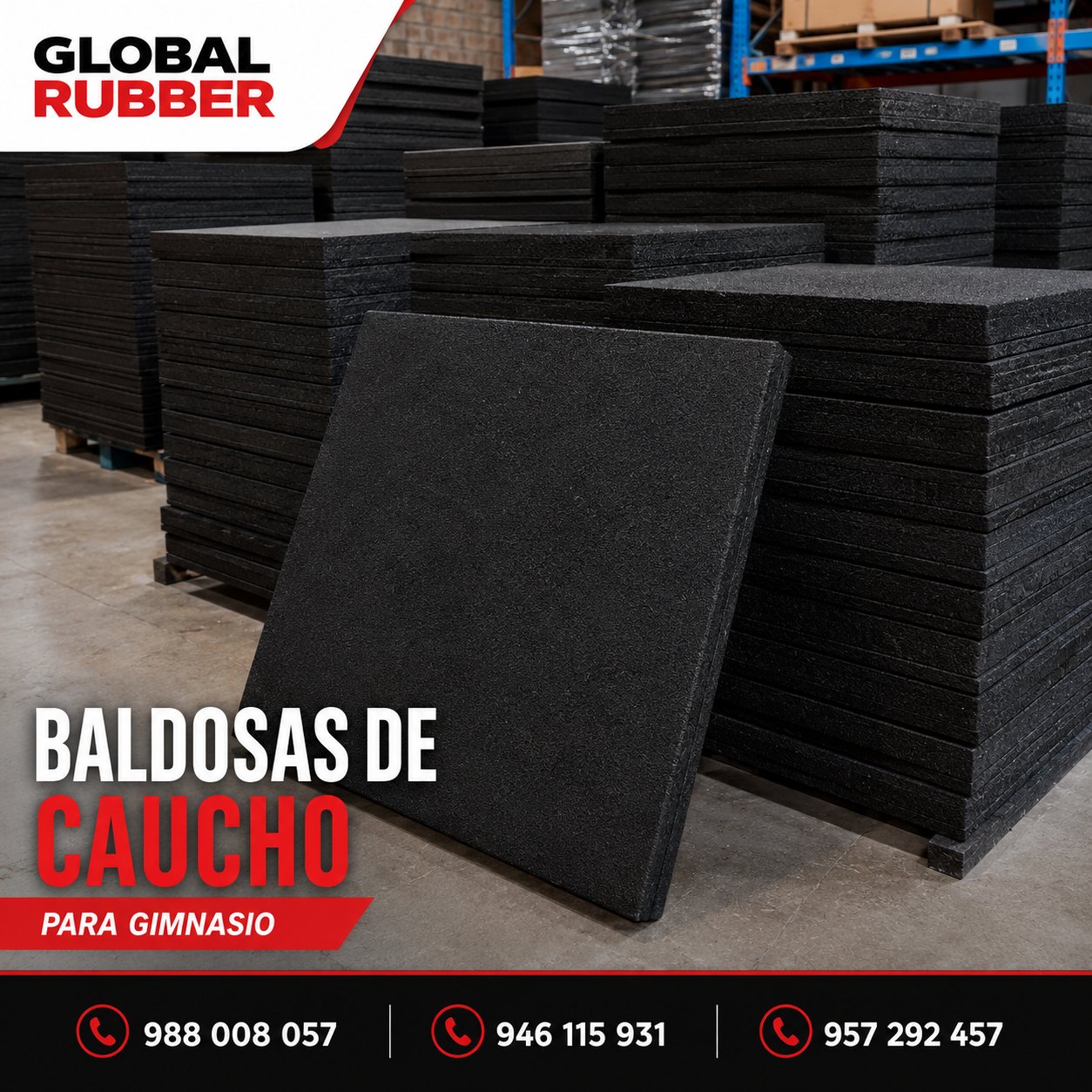 Baldosas de caucho de 50 x 50 cm apiladas para gimnasio
