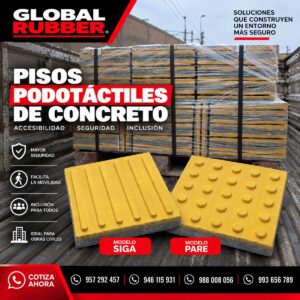 Baldosas podotáctiles de concreto amarillas modelos SIGA y PARE sobre paletas listas para despacho de obra