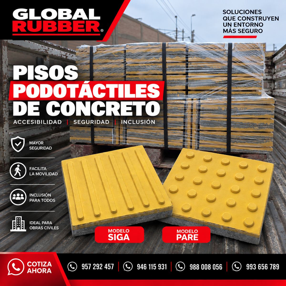 Baldosas podotáctiles de concreto amarillas modelos SIGA y PARE sobre paletas listas para despacho de obra