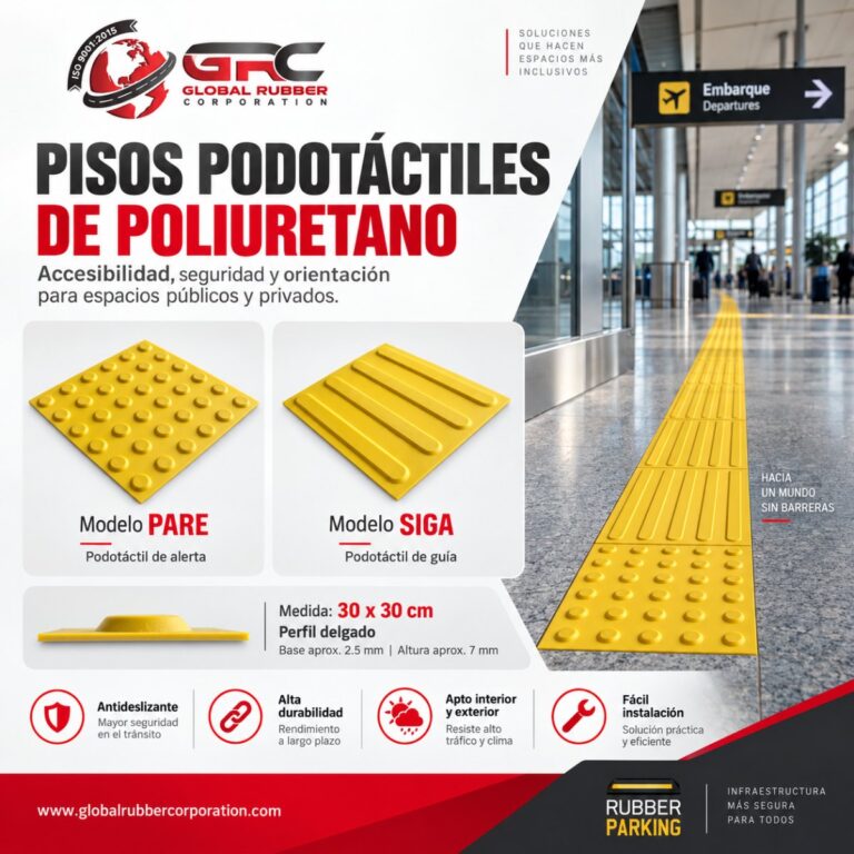 Piso podotáctil de poliuretano amarillo de 30 x 30 cm: modelo PARE de alerta con domos y modelo SIGA de guía con barras