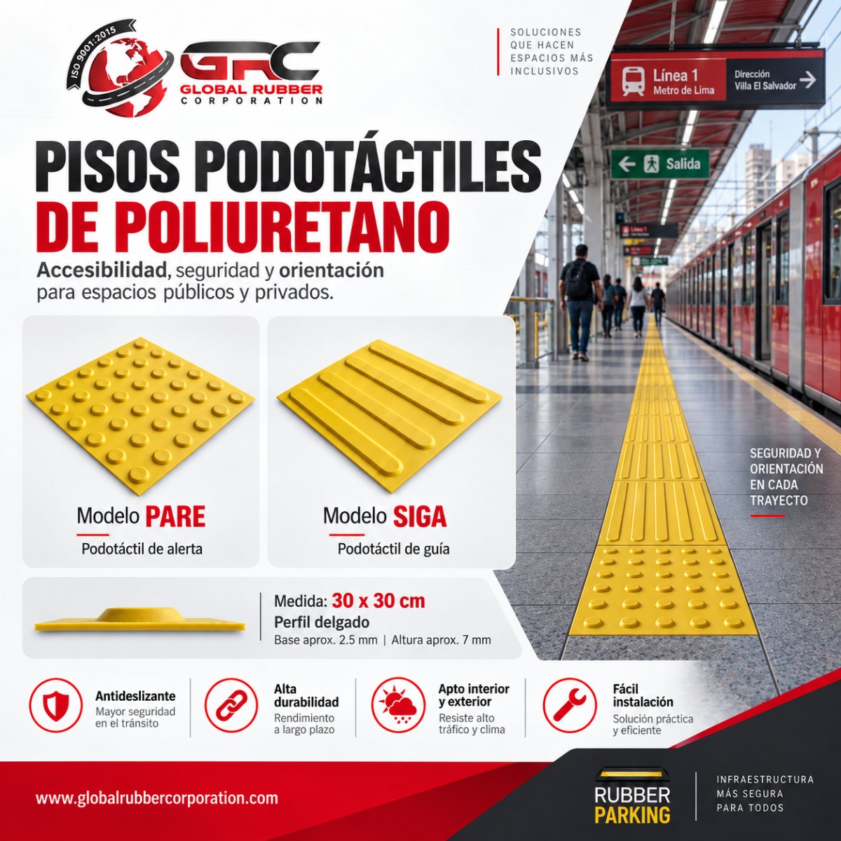 Piso podotáctil de poliuretano amarillo modelo PARE de alerta y modelo SIGA de guía instalado en el andén de una estación de metro