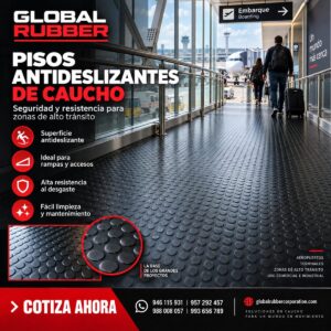 Piso antideslizante de caucho modelo botón instalado en el pasillo de embarque de un aeropuerto