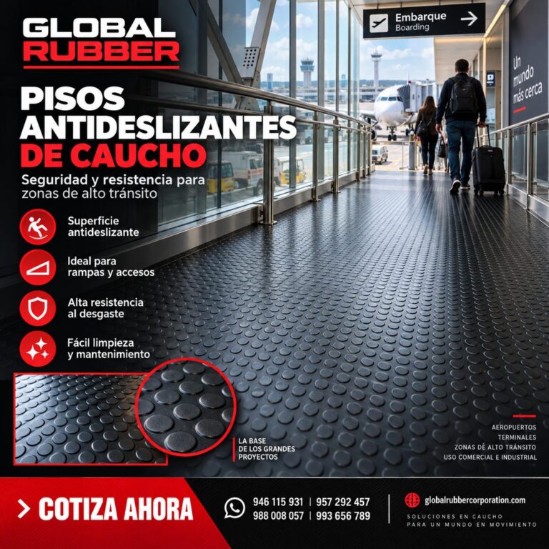 Piso antideslizante de caucho modelo botón instalado en el pasillo de embarque de un aeropuerto