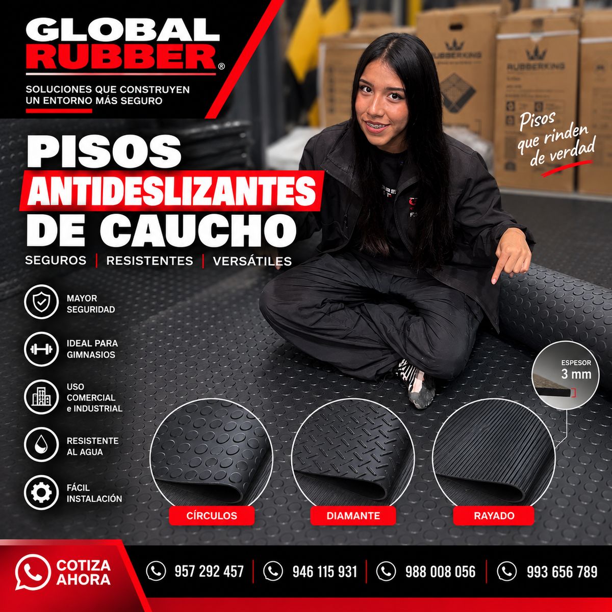 Rollos de piso antideslizante de caucho negro en los modelos círculos, diamante y rayado, con espesor de 3 mm