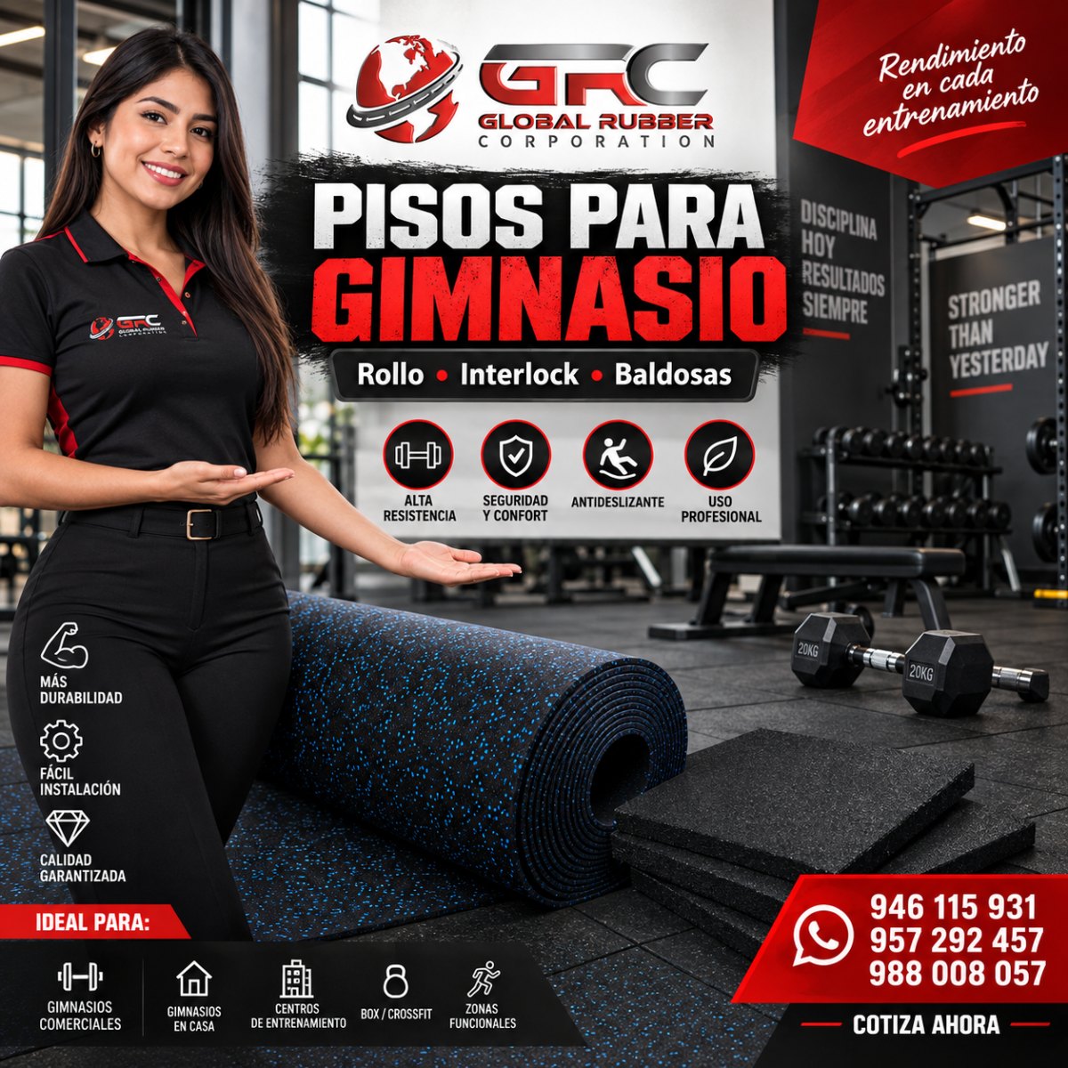 Pisos de caucho para gimnasio en rollo, interlock y baldosas de Global Rubber Corporation