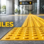Pisos podotáctiles de alerta y guía instalados en el ingreso de una estación, con baldosas amarillas de domos y barras