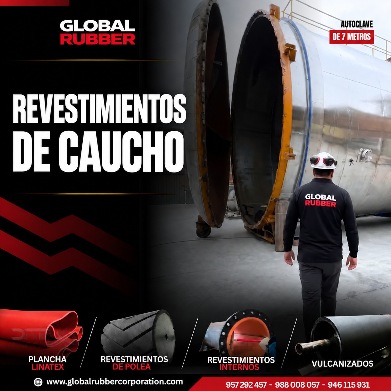 Revestimientos de caucho de Global Rubber: autoclave de 7 metros, plancha Linatex, revestimiento de poleas, revestimientos internos y vulcanizados