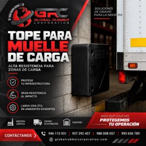 Tope de muelle de carga de caucho instalado en el filo del andén con la tolva del camión apoyada