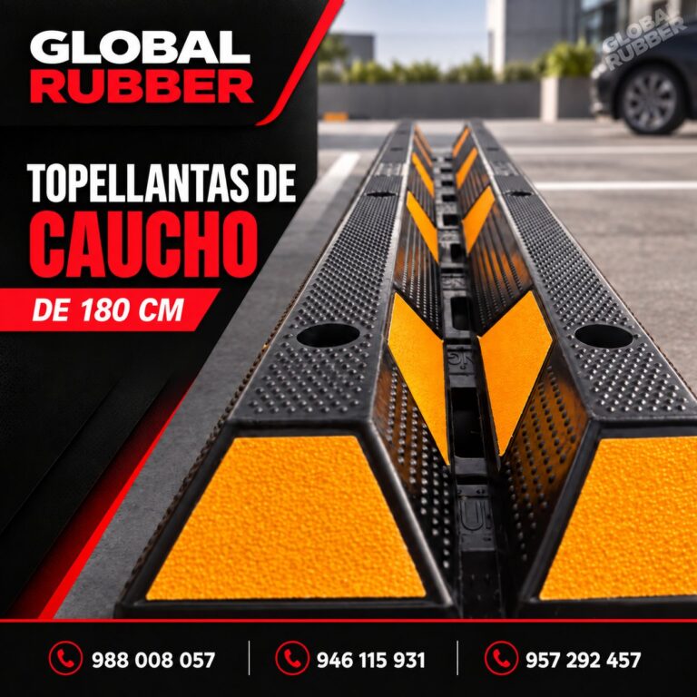 Topellantas de caucho de 180 cm instaladas en fila en el piso de un estacionamiento
